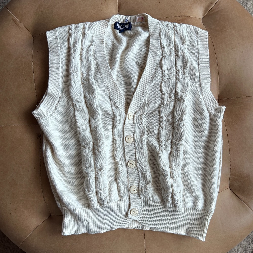 VTG Bay Club 90s Cream Cable Knit Sweater Vest Womens L Cotton Collegiate Preppy